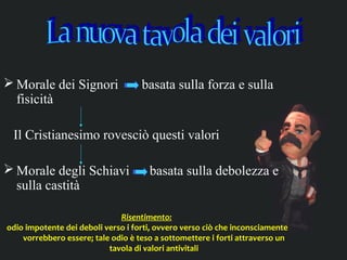  Morale dei Signori                basata sulla forza e sulla
  fisicità

 Il Cristianesimo rovesciò questi valori

 Morale degli Schiavi                basata sulla debolezza e
  sulla castità

                              Risentimento:
odio impotente dei deboli verso i forti, ovvero verso ciò che inconsciamente
    vorrebbero essere; tale odio è teso a sottomettere i forti attraverso un
                           tavola di valori antivitali
 