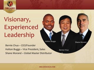 Visionary,
Experienced
Leadership
Bernie Chua – CEO/Founder
Holton Buggs – Vice President, Sales
Shane Morand – Global Master Distributor
 