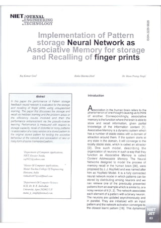 Implementaion Of Pattern Storage Neural Network As Associative Memory For Storage And Recalling Of Finger Prints