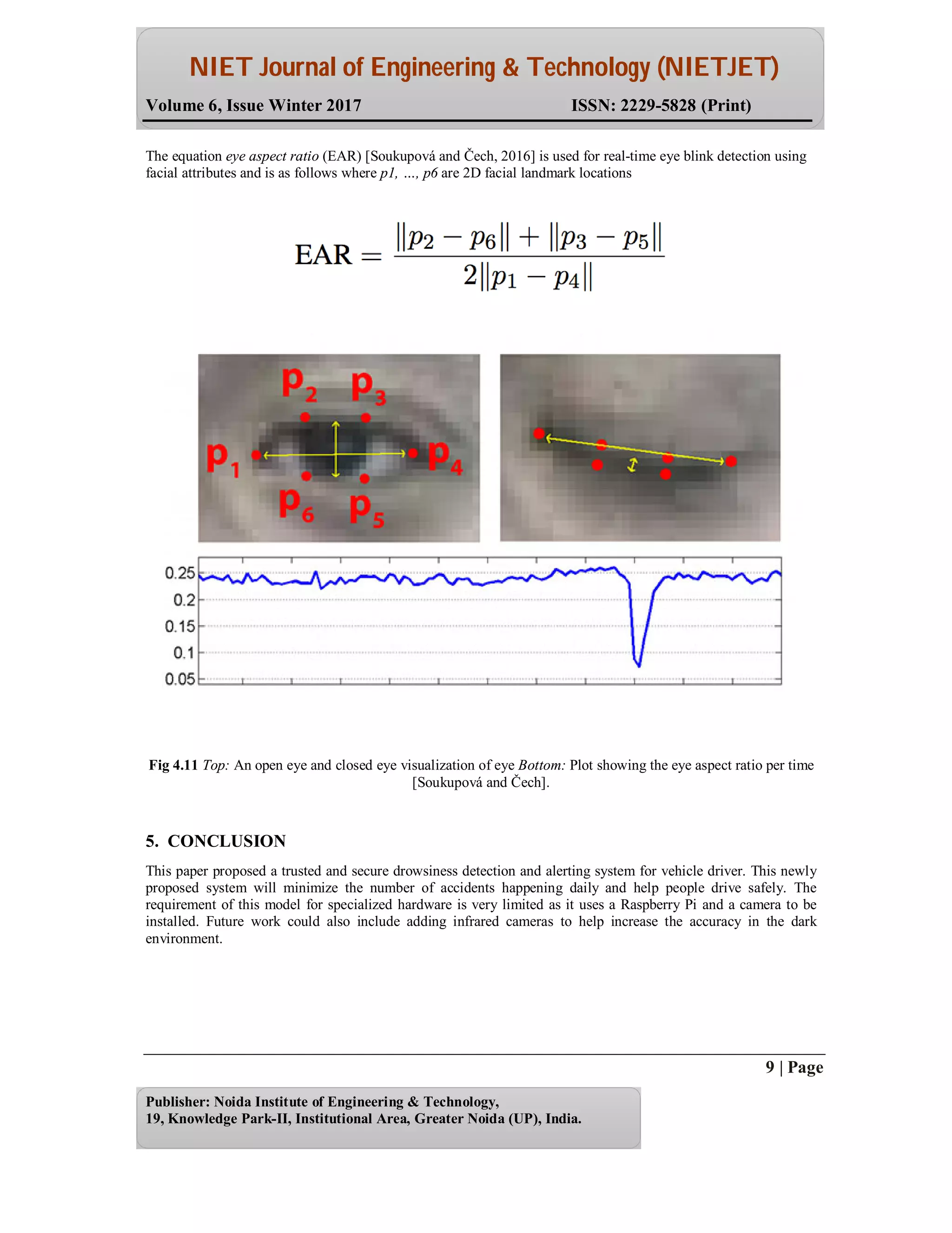 NIET Journal of Engineering & Technology (NIETJET)
Volume 6, Issue Winter 2017 ISSN: 2229-5828 (Print)
9 | Page
Publisher: Noida Institute of Engineering & Technology,
19, Knowledge Park-II, Institutional Area, Greater Noida (UP), India.
The equation eye aspect ratio (EAR) [Soukupová and Čech, 2016] is used for real-time eye blink detection using
facial attributes and is as follows where p1, …, p6 are 2D facial landmark locations
Fig 4.11 Top: An open eye and closed eye visualization of eye Bottom: Plot showing the eye aspect ratio per time
[Soukupová and Čech].
5. CONCLUSION
This paper proposed a trusted and secure drowsiness detection and alerting system for vehicle driver. This newly
proposed system will minimize the number of accidents happening daily and help people drive safely. The
requirement of this model for specialized hardware is very limited as it uses a Raspberry Pi and a camera to be
installed. Future work could also include adding infrared cameras to help increase the accuracy in the dark
environment.
 