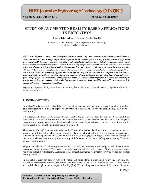 STUDY OF AUGMENTED REALITY BASED APPLICATIONS IN EDUCATION
