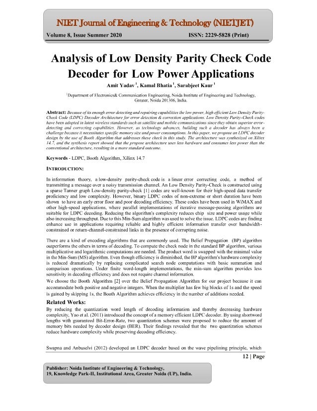 Analysis Of Low Density Parity Check Code Decoder For Low Power Applications