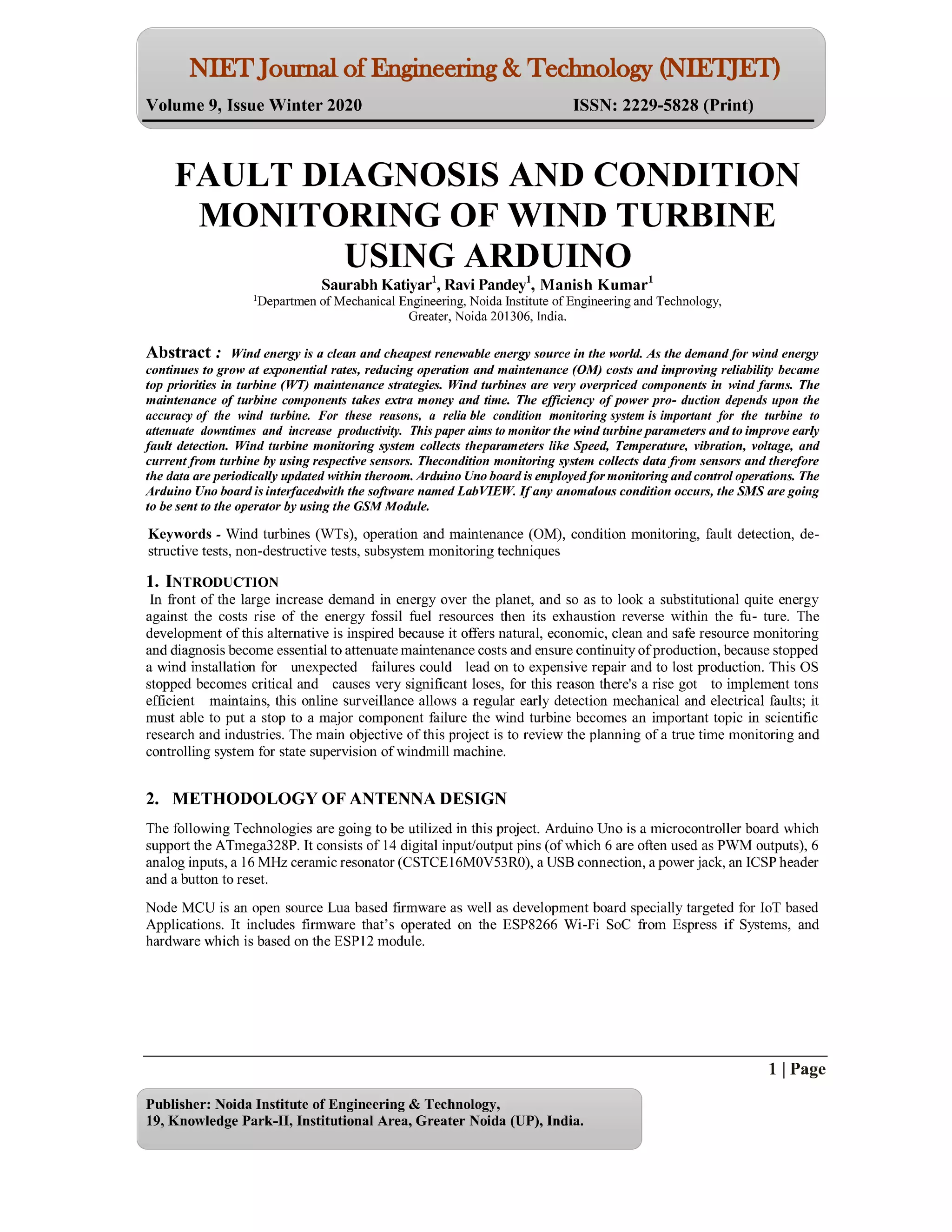 FAULT DIAGNOSIS AND CONDITION MONITORING OF WIND TURBINE USING ARDUINO