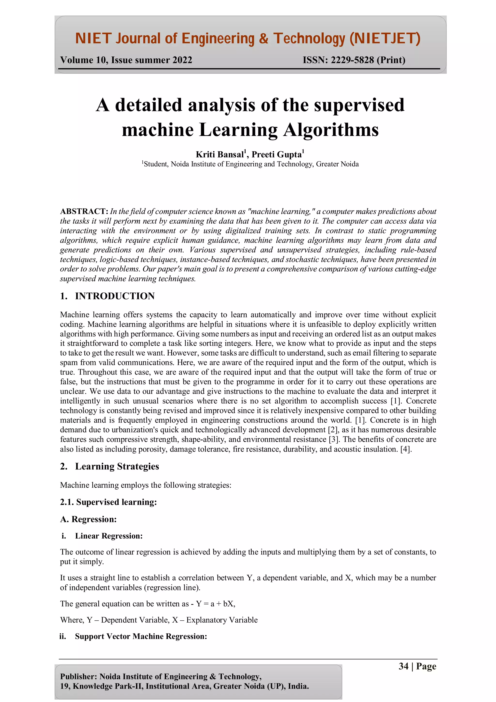 A detailed analysis of the supervised machine Learning Algorithms | PDF image.