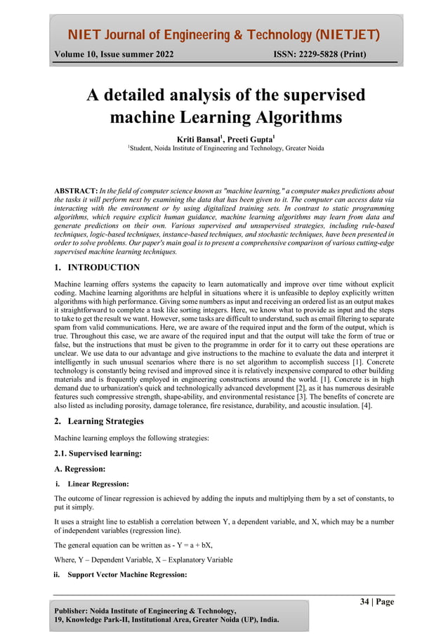 A detailed analysis of the supervised machine Learning Algorithms | PDF