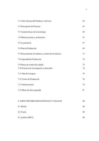 v
7.1 Ficha Técnica del Producto o Servicio 63
7.2 Descripción del Proceso 63
7.3 Características de la tecnología 64
7.4 Materias primas y suministros 67
7.5 Localización 67
7.6 Plan de Producción 69
7.7 Procesamiento de órdenes y control de inventarios 71
7.8 Capacidad de Producción 72
7.9 Planes de control de calidad 73
7.10 Procesos de investigación y desarrollo 74
7.11 Plan de Compras 75
7.12 Costos de Producción 76
7.13 Infraestructura 78
7.14 Mano de obra requerida 79
8. ASPECTOS ORGANIZACIONALES Y LEGALES 80
8.1 Misión 80
8.2 Visión 80
8.3 Análisis DOFA 80
 