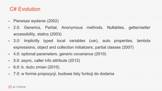 C# Evolution
- Pierwsze wydanie (2002)
- 2.0: Generics, Partial, Anonymous methods, Nullables, getter/setter
accessibility, statics (2003)
- 3.0: Implicitly typed local variables (var), auto properties, lambda
expressions, object and collection initializers, partial classes (2007)
- 4.0: optional parameters, generic covariance (2010)
- 5.0: async, caller info attribute (2012)
- 6.0: b. dużo zmian (2015)
- 7.0: w formie propozycji, budowa listy funkcji do dodania
 