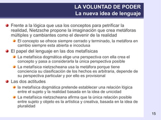 LA VOLUNTAD DE PODER La nueva idea de lenguaje Frente a la lógica que usa los conceptos para petrificar la realidad, Nietzsche propone la imaginación que crea metáforas múltiples y cambiantes como el devenir de la realidad El concepto se ofrece siempre cerrado y terminado, la metáfora en cambio siempre esta abierta e incoclusa El papel del lenguaje en las dos metafísicas La metafísica dogmática elige una perspectiva con ella crea el concepto y pasa a considerarla la única perspectiva posible La metafísica nietzscheana usa la metáfora porque tiene conciencia su clasificación de los hechos es arbitraria, depende de su perspectiva particular y por ello es provisional Las dos actitudes la metafísica dogmática pretende establecer una relación lógica entre el sujeto y la realidad basada en la idea de unicidad La metafísica nietzscheana afirma que la única relación posible entre sujeto y objeto es la artística y creativa, basada en la idea de pluralidad 