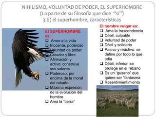 NIHILISMO, VOLUNTAD DE PODER, EL SUPERHOMBRE
(La parte de su filosofía que dice “si”)
3.b) el superhombre, características
El SUPERHOMBRE
es:
 Amor a la vida
 Inocente, poderoso
 Voluntad de poder
 Creador y libre
 Afirmación y
activo: construye
sus valores
 Poderoso, por
encima de la moral
del rebaño
 Máxima expresión
de la evolución del
hombre
 Ama la “tierra”
El hombre vulgar es:
 Ama la trascendencia
 Débil, culpable
 Voluntad de poder
 Dócil y solidario
 Pasivo y reactivo: se
define por todo lo que
odia
 Débil, inferior, se
protege en el rebaño
 Es un “gusano” que
quiere ser “fantasma
 Resentimientimiento
 