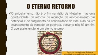 O ETERNO RETORNO
O aniquilamento não é o fim na visão de Nietzshe, mas uma
oportunidade de retorno, de recriação, de reordenamento das
potências e do surgimento da continuidade da vida. Não há um
estancamento da vontade de potência, portanto não há um fim.
O que existe, então, é um eterno retorno.
Oroboros – símbolo que designa a
eternidade, um modelo de eterno retorno
 