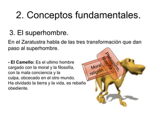 2. Conceptos fundamentales.
3. El superhombre.
En el Zaratustra habla de las tres transformación que dan
paso al superhombre.
Moral,
religión …
Platonismo,
filosofía…
- El Camello: Es el ultimo hombre
cargado con la moral y la filosofía,
con la mala conciencia y la
culpa, obcecado en el otro mundo.
Ha olvidado la tierra y la vida, es rebaño
obediente.
 