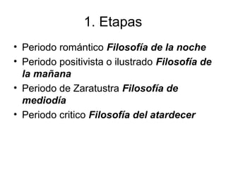 1. Etapas
• Periodo romántico Filosofía de la noche
• Periodo positivista o ilustrado Filosofía de
la mañana
• Periodo de Zaratustra Filosofía de
mediodía
• Periodo critico Filosofía del atardecer
 