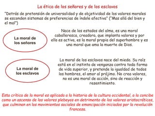 La ética de los señores y de los esclavos
La moral de
los señores
La moral de
los esclavos
“Detrás de pretensión de universalidad y de objetividad de los valores morales
se esconden sistemas de preferencias de índole afectiva” (“Mas allá del bien y
el mal”)
Nace de los estados del alma, es una moral
caballeresca, creadora, que implanta valores y por
ello es activa, es la moral propia del superhombre y es
una moral que ama la muerte de Dios.
La moral de los esclavos nace del miedo. Su raíz
está en el instinto de venganza contra toda forma
de vida superior, y pretende la igualdad de todos
los hombres, el amor al prójimo. No crea valores,
no es una moral de acción, sino de reacción y
resentimiento.
Esta crítica de la moral es aplicada a la historia de la cultura occidental, a la concibe
como un ascenso de los valores plebeyos en detrimento de los valores aristocráticos,
que culminan en los movimientos sociales de emancipación iniciados por la revolución
francesa.
 