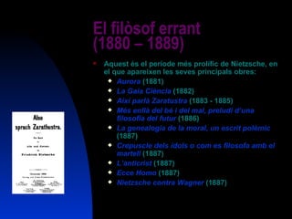 El filòsof errant  (1880 – 1889) Aquest és el període més prolífic de Nietzsche, en el que apareixen les seves principals obres: Aurora   (1881) La Gaia Ciència   (1882) Així parlà Zaratustra   (1883 - 1885) Més enllà del bé i del mal, preludi d’una filosofia del futur   (1886) La genealogia de la moral, un escrit polèmic   (1887) Crepuscle dels ídols o com es filosofa amb el martell   (1887) L’anticrist   (1887) Ecce Homo   (1887) Nietzsche contra Wagner   (1887) 