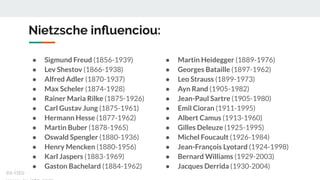 Nietzsche inﬂuenciou:
● Sigmund Freud (1856-1939)
● Lev Shestov (1866-1938)
● Alfred Adler (1870-1937)
● Max Scheler (1874-1928)
● Rainer Maria Rilke (1875-1926)
● Carl Gustav Jung (1875-1961)
● Hermann Hesse (1877-1962)
● Martin Buber (1878-1965)
● Oswald Spengler (1880-1936)
● Henry Mencken (1880-1956)
● Karl Jaspers (1883-1969)
● Gaston Bachelard (1884-1962)
● Martin Heidegger (1889-1976)
● Georges Bataille (1897-1962)
● Leo Strauss (1899-1973)
● Ayn Rand (1905-1982)
● Jean-Paul Sartre (1905-1980)
● Emil Cioran (1911-1995)
● Albert Camus (1913-1960)
● Gilles Deleuze (1925-1995)
● Michel Foucault (1926-1984)
● Jean-François Lyotard (1924-1998)
● Bernard Williams (1929-2003)
● Jacques Derrida (1930-2004)
ex-isto
 
