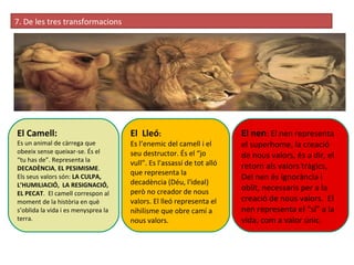 . - El Camell:   Es un animal de càrrega que obeeix sense queixar-se. És el “tu has de”. Representa la  DECADÈNCIA ,  EL PESIMISME . Els seus valors són:  LA CULPA, L’HUMILIACIÓ,  LA RESIGNACIÓ, EL PECAT .  El camell correspon al moment de la història en què s’oblida la vida i es menysprea la terra.  El  Lleó :   Es l’enemic del camell i el seu destructor. És el “jo vull”. Es l'assassí de tot alló que representa la decadència (Déu, l'ideal) però no creador de nous valors. El lleó representa el  nihilisme que obre camí a nous valors.  El nen : El nen representa el superhome, la creació de nous valors, és a dir, el retorn als valors tràgics, Del nen és ignorància i oblit, necessaris per a la creació de nous valors.  El nen representa el “sí” a la vida, com a valor únic. 7. De les tres transformacions 