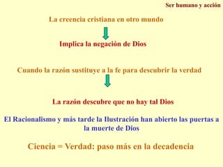 Ser humano y acciónLa creencia cristiana en otro mundoImplica la negación de DiosCuando la razón sustituye a la fe para descubrir la verdadLa razón descubre que no hay tal DiosEl Racionalismo y más tarde la Ilustración han abierto las puertas a la muerte de DiosCiencia = Verdad: paso más en la decadencia