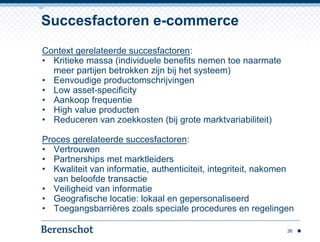Succesfactoren e-commerce
Context gerelateerde succesfactoren:
• Kritieke massa (individuele benefits nemen toe naarmate
m...