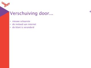 Verschuiving door...
• nieuwe schaarste
• de invloed van internet
• de klant is veranderd
 