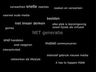 NET generatie vaarwel oude media intensief gebruik nieuwe media interactiviteit zoeken en verwerken beelden games mobiel  communiceren netwerken als lifestyle elke plek is leeromgeving zowel fysiek als virtueel snel  handelen snel reageren verwachten  snelle  reacties it has to happen  now niet lineair denken 