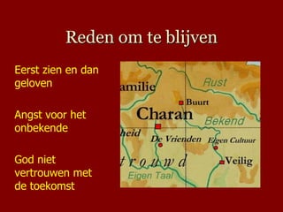 Reden om te blijven
Eerst zien en dan
geloven

Angst voor het
onbekende

God niet
vertrouwen met
de toekomst
 