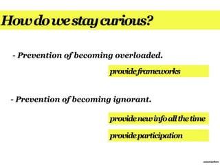 How do we stay curious?

 - Prevention of becoming overloaded.

                        provide frameworks


 - Prevention of becoming ignorant.

                        provide new info all the time

                        provide participation


                                                    annemarleen
 