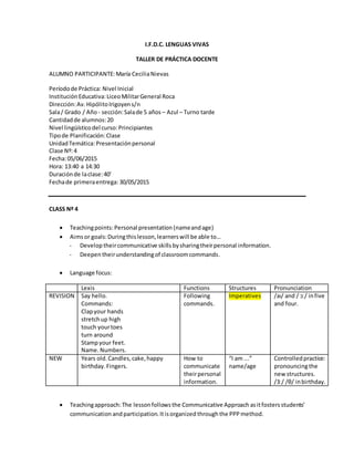 I.F.D.C. LENGUAS VIVAS
TALLER DE PRÁCTICA DOCENTE
ALUMNO PARTICIPANTE:María CeciliaNievas
Períodode Práctica: Nivel Inicial
InstituciónEducativa:LiceoMilitarGeneral Roca
Dirección:Av.HipólitoIrigoyens/n
Sala/ Grado / Año - sección:Salade 5 años – Azul – Turno tarde
Cantidadde alumnos:20
Nivel lingüísticodel curso:Principiantes
Tipode Planificación:Clase
UnidadTemática:Presentaciónpersonal
Clase Nº:4
Fecha:05/06/2015
Hora: 13:40 a 14:30
Duraciónde laclase:40’
Fechade primeraentrega: 30/05/2015
CLASS Nº 4
 Teachingpoints: Personal presentation (nameandage)
 Aimsor goals:Duringthislesson,learnerswill be able to…
- Develop theircommunicative skills bysharingtheirpersonal information.
- Deepen theirunderstandingof classroomcommands.
 Language focus:
Lexis Functions Structures Pronunciation
REVISION Say hello.
Commands:
Clapyour hands
stretchup high
touch yourtoes
turn around
Stampyour feet.
Name. Numbers.
Following
commands.
Imperatives /aɪ/ and / ɔː/ infive
and four.
NEW Years old.Candles,cake,happy
birthday.Fingers.
How to
communicate
theirpersonal
information.
“I am ...”
name/age
Controlledpractice:
pronouncingthe
new structures.
/3ː/ /θ/ inbirthday.
 Teachingapproach:The lessonfollowsthe Communicative Approach asitfosters students’
communication andparticipation.Itisorganized throughthe PPP method.
 