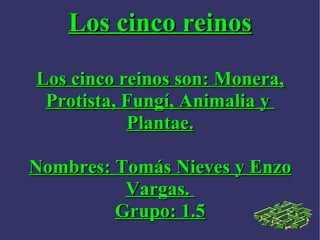 Los cinco reinos Los cinco reinos son: Monera, Protista, Fungí, Animalia y  Plantae. Nombres: Tomás Nieves y Enzo Vargas. ...