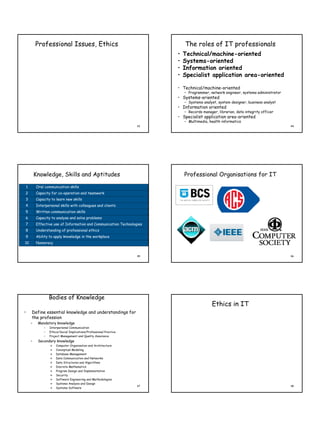 Professional Issues, Ethics                                         The roles of IT professionals
                                                                            •   Technical/machine-oriented
                                                                            •   Systems-oriented
                                                                            •   Information oriented
                                                                            •   Specialist application area-oriented

                                                                            • Technical/machine-oriented
                                                                                – Programmer, network engineer, systems administrator
                                                                            • Systems-oriented
                                                                                – Systems analyst, system designer, business analyst
                                                                            • Information oriented
                                                                                – Records manager, librarian, data integrity officer
                                                                            • Specialist application area-oriented
                                                                                – Multimedia, health informatics
                                                                       43                                                               44




            Knowledge, Skills and Aptitudes                                     Professional Organisations for IT

    1       Oral communication skills
2           Capacity for co-operation and teamwork
3           Capacity to learn new skills
4           Interpersonal skills with colleagues and clients
5           Written communication skills
6           Capacity to analyse and solve problems
7           Effective use of Information and Communication Technologies
8           Understanding of professional ethics
9           Ability to apply knowledge in the workplace
10          Numeracy


                                                                       45                                                               46




                    Bodies of Knowledge
                                                                                                Ethics in IT
•       Define essential knowledge and understandings for
        the profession
        –    Mandatory knowledge
                –   Interpersonal Communication
                –   Ethics/Social Implications/Professional Practice
                –   Project Management and Quality Assurance
        –    Secondary knowledge
                    »   Computer Organisation and Architecture
                    »   Conceptual Modeling
                    »   Database Management
                    »   Data Communication and Networks
                    »   Data Structures and Algorithms
                    »   Discrete Mathematics
                    »   Program Design and Implementation
                    »   Security
                    »   Software Engineering and Methodologies
                    »   Systems Analysis and Design
                                                                       47                                                               48
                    »   Systems Software
 