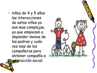 niños de 4 y 5 años las interacciones de estos niños ya son mas complejas, ya que empiezan a depender menos de los padres y cada vez mas de los compañeros para obtener compañía e interacción social. 