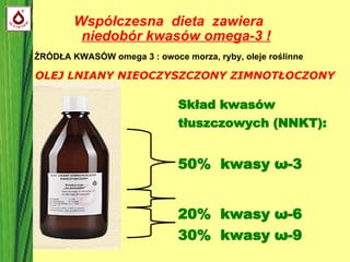 Współczesna  dieta  zawiera  niedobór kwasów omega-3 ! Skład kwasów tłuszczowych (NNKT): 50%  kwasy  ω-3  20%  kwasy  ω-6  30%  kwasy  ω-9 OLEJ LNIANY NIEOCZYSZCZONY ZIMNOTŁOCZONY ŹRÓDŁA KWASÓW omega 3 : owoce morza, ryby, oleje roślinne 