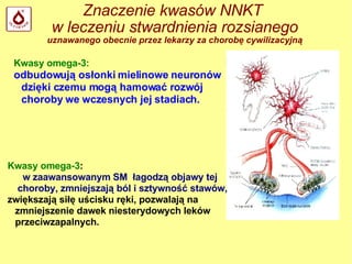 Znaczenie kwasów NNKT  w leczeniu stwardnienia rozsianego uznawanego obecnie przez lekarzy za chorobę cywilizacyjną Kwasy omega-3: odbudowują osłonki mielinowe neuronów dzięki czemu mogą hamować rozwój choroby we wczesnych jej stadiach.  Kwasy omega-3 : w zaawansowanym SM  łagodzą objawy tej choroby, zmniejszają ból i sztywność stawów,   zwiększają siłę uścisku ręki, pozwalają na zmniejszenie dawek niesterydowych leków przeciwzapalnych.  