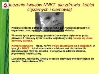 Znaczenie kwasów NNKT  dla zdrowia  kobiet ciężarnych i niemowląt Kobieta ciężarna potrzebuje ilości NNKT pokrywającej potrzeby jej organizmu oraz organizmu rozwijającego się dziecka. W czasie życia  płodowego (ostatnie 3 miesiące ciąży) oraz przez pierwsze 6 miesięcy życia dziecka  najintensywniej  rozwija się układ nerwowy dziecka. Komórki nerwowe  – mózg, nerwy  w 60% zbudowane są z tłuszczów , w tym gł. z  NNKT .  Ich dostarczanie z mlekiem jest niezbędne dla prawidłowego rozwoju dziecka i ma wpływ na zdrowie dziecka,  jego rozwój intelektualny. Dzieci mam, które jadły PASTĘ w czasie ciąży były inteligentiejsze od swoich rówieśników o 20%. 