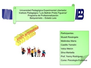 Universidad Pedagógica Experimental Libertador
Instituto Pedagógico “Luis Beltrán Prieto Figueroa”
Programa de Profesionalización
Barquisimeto – Estado Lara
Participantes:
Musett Rosángela
Meléndez María
Castillo Yamelin
Veloz Melvin
Silva Marbella
Prof. Yenny Rodríguez
Curso: Psicología Evolutiva
 