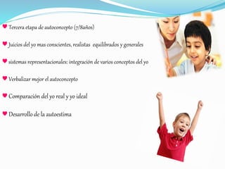 ♥ Tercera etapa de autoconcepto (7/8años)
♥ Juicios del yo mas conscientes, realistas equilibrados y generales
♥ sistemas representacionales: integración de varios conceptos del yo
♥ Verbalizar mejor el autoconcepto
♥ Comparación del yo real y yo ideal
♥ Desarrollo de la autoestima
 