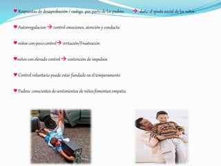 ♥ Respuestas de desaprobación / castigo por parte de los padres  daño al ajuste social de los niños .
♥ Autorregulacion  control emociones, atención y conducta
♥ niños con poco control irritación/Frustración
♥niños con elevado control  contención de impulsos
♥ Control voluntario puede estar fundado en el temperamento
♥ Padres conscientes de sentimientos de niños fomentan empatía
 