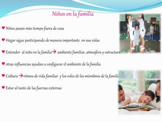 Niños en la familia
♥ Niños pasan más tiempo fuera de casa
♥ Hogar sigue participando de manera importante en sus vidas
♥ Entender al niño en la familia ambiente familiar, atmosfera y estructura
♥ otras influencias ayudan a configurar el ambiente de la familia
♥ Cultura ritmos de vida familiar y los roles de los miembros de la familia
♥ Estar al tanto de las fuerzas externas
 