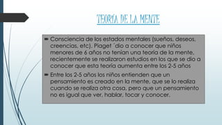 TEORÍA DE LA MENTE
 Consciencia de los estados mentales (sueños, deseos,
creencias, etc). Piaget ´dio a conocer que niños
menores de 6 años no tenían una teoría de la mente,
recientemente se realizaron estudios en los que se dio a
conocer que esta teoría aumenta entre los 2-5 años
 Entre los 2-5 años los niños entienden que un
pensamiento es creado en la mente, que se lo realiza
cuando se realiza otra cosa, pero que un pensamiento
no es igual que ver, hablar, tocar y conocer.
 