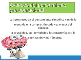 Avances del pensamientoAvances del pensamiento
pre-operacionalpre-operacional
Los progresos en el pensamiento simbólico van de la
mano de una compresión cada vez mayor del
espacio,
la causalidad, las identidades, las características, la
categorización y los números.
 