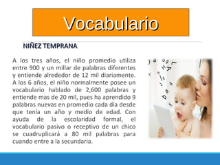 NIÑEZ TEMPRANANIÑEZ TEMPRANA
A los tres años, el niño promedio utiliza
entre 900 y un millar de palabras diferentes
y entiende alrededor de 12 mil diariamente.
A los 6 años, el niño normalmente posee un
vocabulario hablado de 2,600 palabras y
entiende mas de 20 mil, pues ha aprendido 9
palabras nuevas en promedio cada día desde
que tenía un año y medio de edad. Con
ayuda de la escolaridad formal, el
vocabulario pasivo o receptivo de un chico
se cuadruplicará a 80 mil palabras para
cuando entre a la secundaria.
VocabularioVocabulario
 