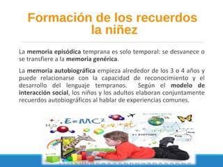 La memoria episódica temprana es solo temporal: se desvanece o
se transfiere a la memoria genérica.
La memoria autobiográfica empieza alrededor de los 3 o 4 años y
puede relacionarse con la capacidad de reconocimiento y el
desarrollo del lenguaje tempranos. Según el modelo de
interacción social, los niños y los adultos elaboran conjuntamente
recuerdos autobiográficos al hablar de experiencias comunes.
Formación de los recuerdos
la niñez
 