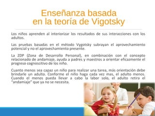 Los niños aprenden al interiorizar los resultados de sus interacciones con los
adultos.
Las pruebas basadas en el método Vygotsky subrayan el aprovechamiento
potencial y no el aprovechamiento presente.
La ZDP (Zona de Desarrollo Personal), en combinación con el concepto
relacionado de andamiaje, ayuda a padres y maestros a orientar eficazmente el
progreso cognoscitivo de los niño.
Cuanto menos sea capaz un niño para realizar una tarea, más orientación debe
brindarle un adulto. Conforme el niño haga cada vez mas, el adulto menos.
Cuando el menos pueda llevar a cabo la labor solo, el adulto retira el
“andamiaje” que ya no se necesita.
Enseñanza basada
en la teoría de Vigotsky
 