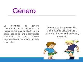 Diferencias de genero: Son
disimilitudes psicológicas o
conductuales entre hombres y
mujeres.
La identidad de genero,
conciencia de la feminidad o
masculinidad propia y todo lo que
ellos supone en una determinada
sociedad, es un aspecto
importante del desarrollo del auto
concepto.
Género
 