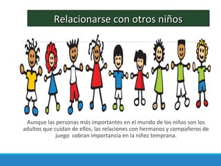 Aunque las personas más importantes en el mundo de los niños son los
adultos que cuidan de ellos, las relaciones con hermanos y compañeros de
juego cobran importancia en la niñez temprana.
Relacionarse con otros niñosRelacionarse con otros niños
 