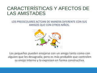 CARACTERÍSTICAS Y AFECTOS DE
LAS AMISTADES
LOS PREESCOLARES ACTÚAN DE MANERA DIFERENTE CON SUS
AMIGOS QUE CON OTROS NIÑOS.
Los pequeños pueden enojarse con un amigo tanto como con
alguien que les desagrada; pero es más probable que controlen
su enojo interno y lo expresen en forma constructiva.
 