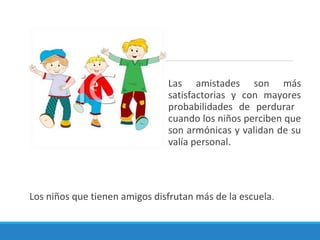 Las amistades son más
satisfactorias y con mayores
probabilidades de perdurar
cuando los niños perciben que
son armónicas y validan de su
valía personal.
Los niños que tienen amigos disfrutan más de la escuela.
 
