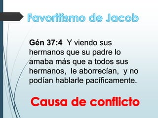 Gén 37:4 Y viendo sus
hermanos que su padre lo
amaba más que a todos sus
hermanos, le aborrecían, y no
podían hablarle pacíficamente.
 