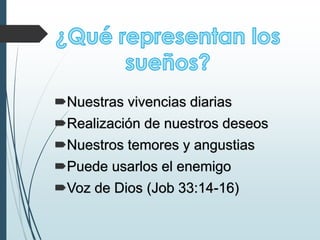 Nuestras vivencias diarias
Realización de nuestros deseos
Nuestros temores y angustias
Puede usarlos el enemigo
Voz de Dios (Job 33:14-16)
 