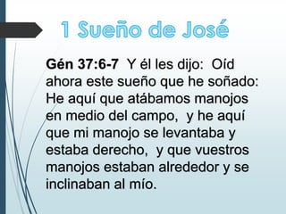 Gén 37:6-7 Y él les dijo: Oíd
ahora este sueño que he soñado:
He aquí que atábamos manojos
en medio del campo, y he aquí
que mi manojo se levantaba y
estaba derecho, y que vuestros
manojos estaban alrededor y se
inclinaban al mío.
 