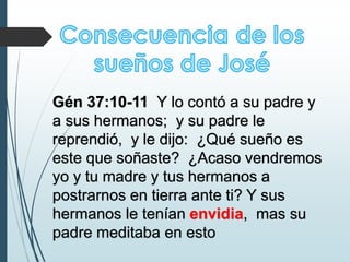 Gén 37:10-11 Y lo contó a su padre y
a sus hermanos; y su padre le
reprendió, y le dijo: ¿Qué sueño es
este que soñaste? ¿Acaso vendremos
yo y tu madre y tus hermanos a
postrarnos en tierra ante ti? Y sus
hermanos le tenían envidia, mas su
padre meditaba en esto
 